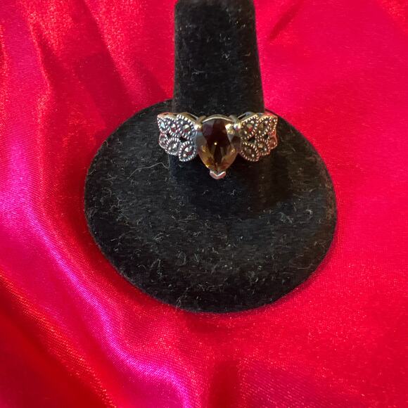 Silver Tone Brown CZ Stone with Marcasite Leaves Ring Size 7.5 - Picture 4 of 5